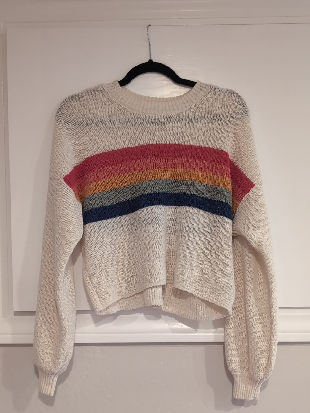 American Eagle Outfitters Cream Crewneck Sweater with Rainbow Stripes, Medium